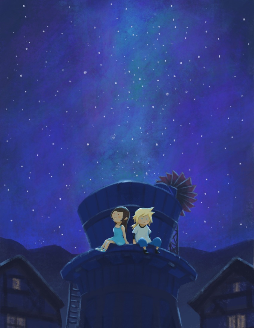 1boy 1girl absurdres aged_down aqua_dress black_hair blonde_hair blue_eyes blue_shorts blush building cairn09 closed_mouth cloud_strife dress final_fantasy final_fantasy_vii final_fantasy_vii_remake full_body highres house long_hair looking_up low_ponytail mountainous_horizon nibelheim night night_sky outdoors ponytail red_eyes sandals scenery shirt shorts sitting sky spiked_hair star_(sky) starry_sky sundress t-shirt tifa_lockhart water_tank water_tower white_shirt windmill