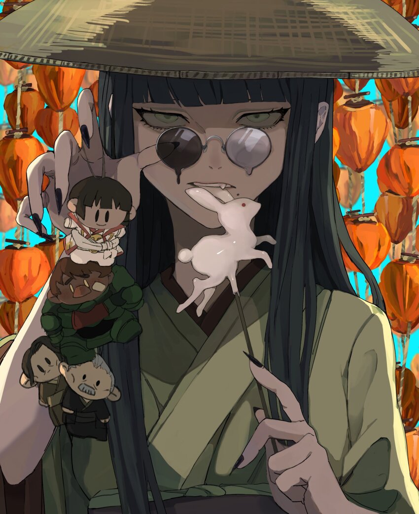 1girl animal-themed_food asahi_sas_brutus bespectacled black_hair black_nails blue_background blunt_bangs candy character_charm charm_(object) commentary eating expressionless fang final_fantasy final_fantasy_xiv fingernails food glaa_da glasses green_eyes green_kimono grynewaht_pyr_arvina hands_up hat highres holding holding_candy holding_charm holding_food holding_lollipop hyur japanese_clothes jitome kimono lantern lollipop long_fingernails long_hair looking_at_viewer mole mole_under_mouth nail_polish obi paper_lantern round_eyewear sash sharp_fingernails sidelocks solo straight-on straight_hair straw_hat upper_body yotsuyu_goe_brutus