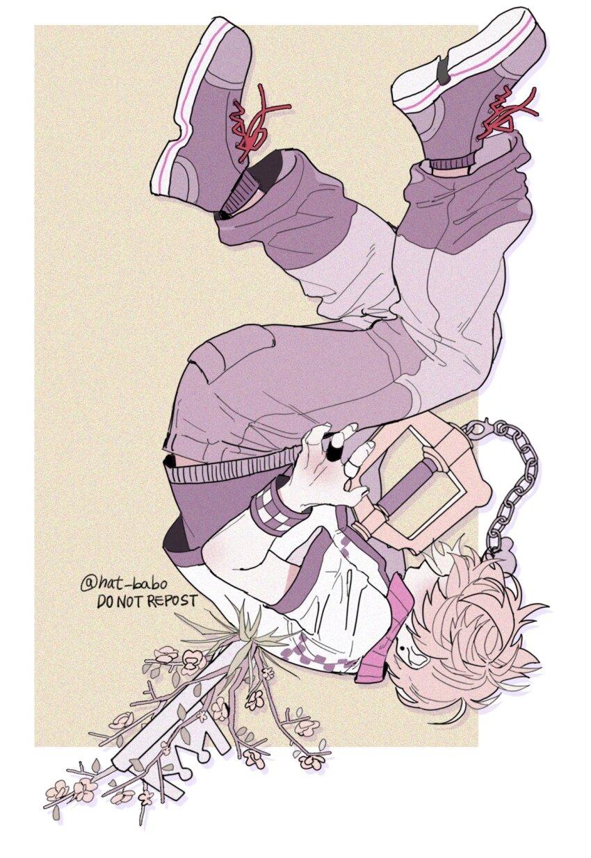 1boy blonde_hair boots border checkered_wristband cropped_jacket earrings flower full_body grey_pants hair_over_eyes hat_babo highres jacket jewelry keyblade kingdom_hearts kingdom_hearts_ii male_focus pants roxas short_hair short_sleeves single_earring solo twitter_username upside-down white_border white_jacket wristband yellow_background yellow_flower