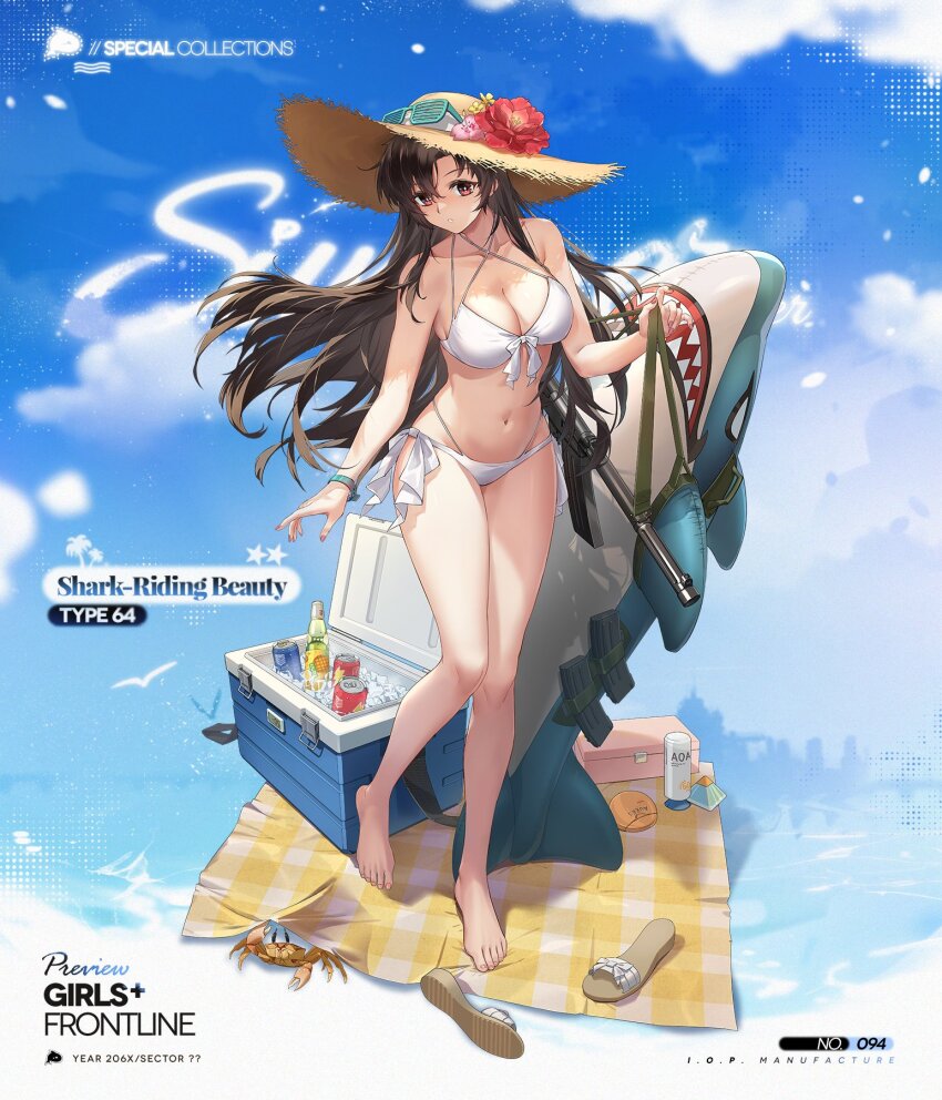 1girl :o barefoot bikini bottle box breasts brown_hair can character_name chilunchilun collarbone commentary cooler copyright_name crab criss-cross_halter drink_can english_commentary feet fingernails flower full_body girls&#039;_frontline green-framed_eyewear gun halterneck hat hat_flower highres ice ice_cube inflatable_shark inflatable_toy large_breasts long_hair lotion magazine_(weapon) nail_polish official_alternate_costume official_art parted_lips picnic_blanket pink_flower pink_nails promotional_art red_eyes red_flower sandals second-party_source shadow shutter_shades skindentation soda_can solo standing standing_on_one_leg star_(symbol) straw_hat submachine_gun sun_hat sunscreen swimsuit toenail_polish toenails toes type_64_(girls&#039;_frontline) type_64_(shark-riding_beauty)_(girls&#039;_frontline) type_64_smg unworn_sandals very_long_hair weapon white_bikini