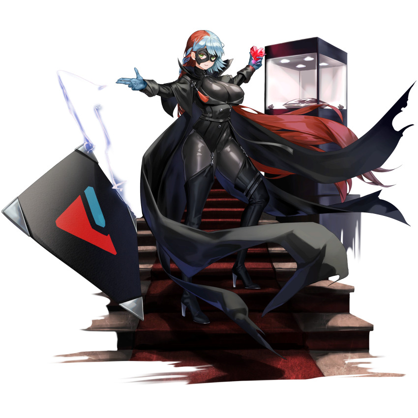 1girl absurdres asymmetrical_mask belt between_breasts black_belt black_bodysuit black_boots black_cape black_coat black_mask blue_gloves blue_hair bodysuit boots braid breasts buttons cape card card_throwing catsuit cleavage coat d-log display_case double-breasted foreshortening framed_breasts full_body gem gloves green_eyes heart heart-shaped_gem high_collar high_heel_boots high_heels highres holding holding_gem knee_boots large_breasts last_origin light_blue_hair light_smile light_trail long_hair looking_at_viewer multicolored_hair multiple_belts neodym official_alternate_costume official_art phantom_thief red_carpet red_hair side_braid single_braid solo stairs standing tachi-e thigh_belt thigh_strap throwing torn_cape torn_clothes transparent_background two-tone_hair very_long_hair
