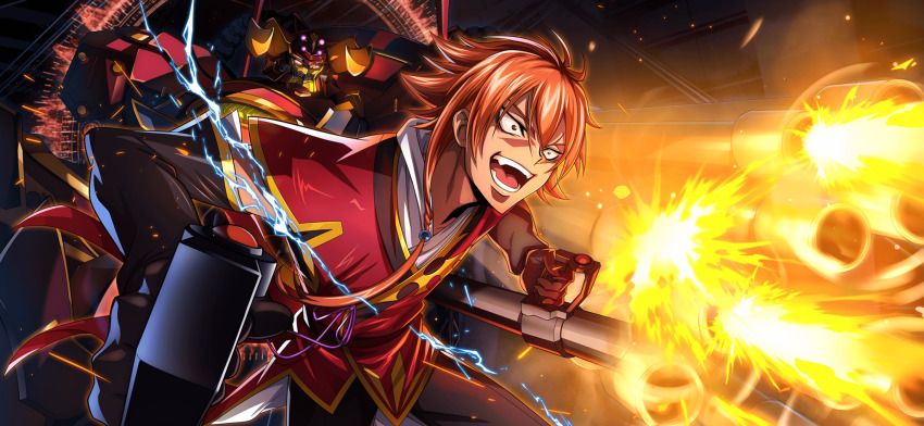 1boy ahuramazda ashley_ashura code_geass code_geass:_boukoku_no_akito code_geass:_lost_stories f4samurai fire game_cg gatling_gun gloves highres knightmare_frame mecha military_uniform official_art open_mouth orange_hair red_eyes robot short_hair solo teeth weapon