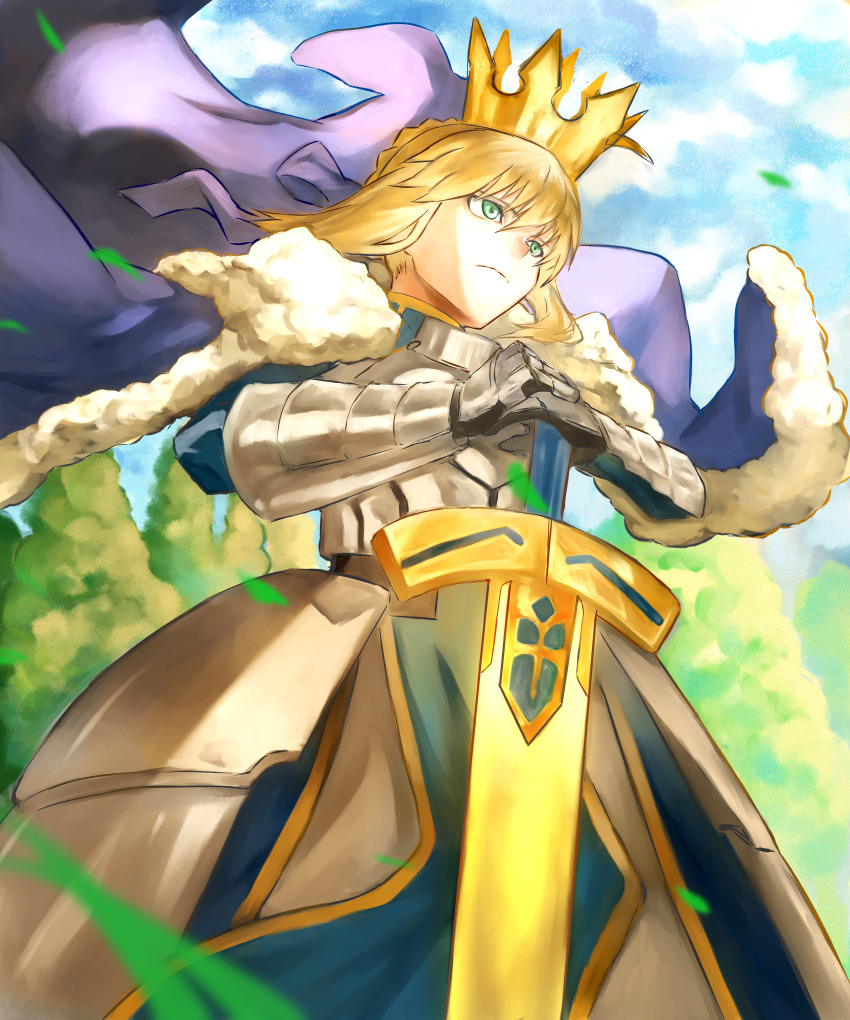 1girl absurdres ahoge armor armored_dress artoria_pendragon_(fate) blonde_hair blue_cloak blue_dress blue_sky braid braided_bun breastplate breasts bun_with_braided_base cloak crown dress excalibur_(fate/stay_night) fate/grand_order fate_(series) floating_cape floating_hair fur-trimmed_cloak fur_trim gauntlets green_eyes hair_bun hair_ribbon hair_through_headwear hand_on_hilt highres holding holding_weapon long_sleeves looking_at_viewer nature outdoors planted planted_sword planted_weapon ponytail ribbon saber_(fate) scenery short_hair sidelocks sky solo sword tree weapon wind yuto_(fedj3757)