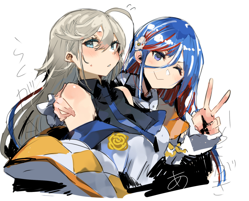 2girls ahoge black_shirt blue_eyes blue_hair blue_neckerchief grey_hair highres kantai_collection long_hair multicolored_hair multiple_girls neckerchief official_alternate_costume one_eye_closed red_hair shirt simple_background south_dakota_(anniversary)_(kancolle) south_dakota_(kancolle) streaked_hair sunday_aki upper_body v washington_(anniversary)_(kancolle) washington_(kancolle) white_background white_hair