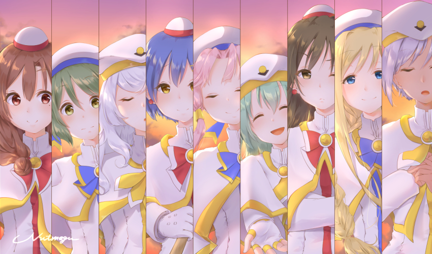 6+girls aika_granzchesta aino_ai akira_ferrari alice_carroll alicia_florence anya_dostoyevskaya aria_(manga) aria_company_uniform artist_name athena_glory azusa_mclaren beret blonde_hair blue_eyes blue_hair blush brown_eyes brown_hair capelet closed_eyes earrings facing_viewer fingerless_gloves gloves green_hair hat high_collar himeya_company_uniform jewelry light_purple_hair long_hair mizunashi_akari multiple_girls nut_megu open_mouth orange_planet_uniform pink_hair short_hair sidelocks silver_hair smile white_capelet yellow_eyes