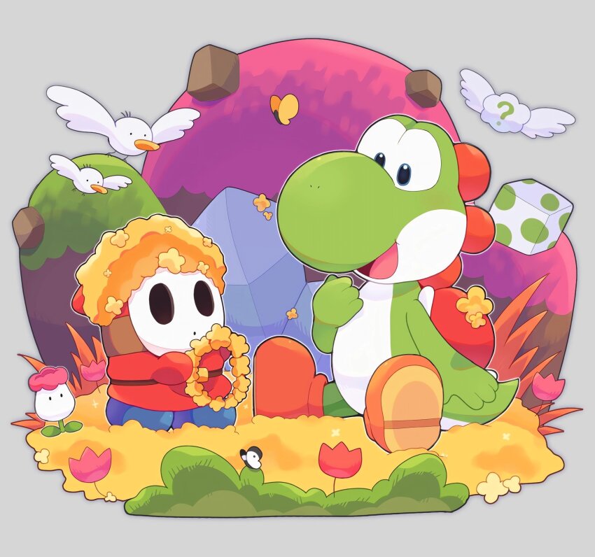 1boy blue_boots boots brown_boots colored_skin egg_block_(yoshi&#039;s_island) egg_plant_(yoshi&#039;s_island) flower goonie green_skin grey_background highres looking_at_another mario_(series) mofupoyo nintendo open_mouth petal_guy red_flower red_robe robe shy_guy simple_background sitting white_mask winged_cloud_(yoshi&#039;s_island) yoshi yoshi&#039;s_new_island