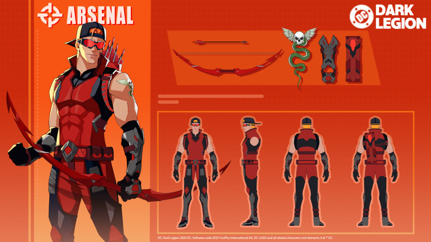 archery arm_tattoo arsenal_(dc) baseball_cap belt black_gloves bodysuit dc:_dark_legion dc_comics gloves hat highres male_focus muscular muscular_male official_art orange_hair pants red_bodysuit reference_sheet roy_harper short_hair sunglasses superhero_costume tattoo taut_bodysuit two-tone_bodysuit utility_belt