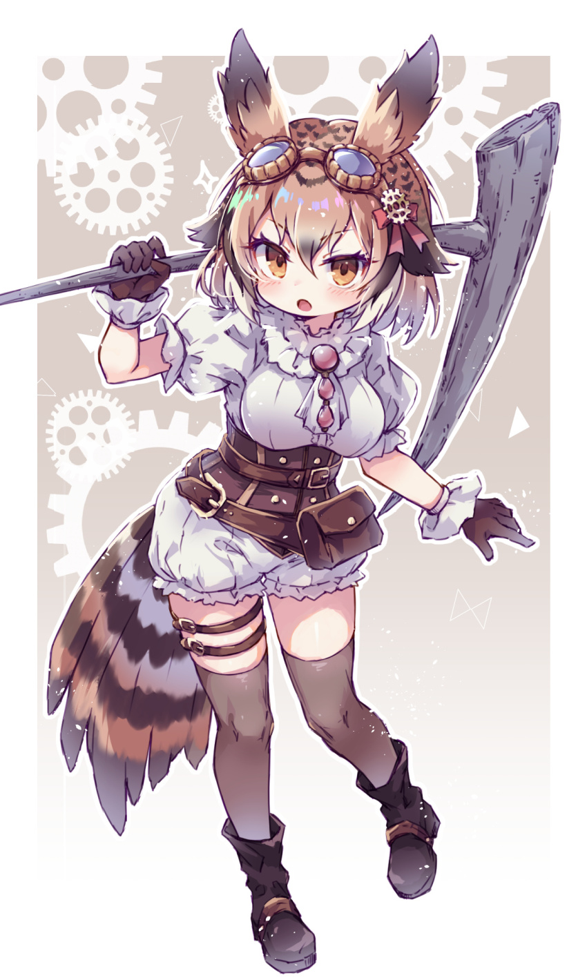 1girl bird_girl bird_tail bird_wings black_hair boots bow brown_boots brown_corset brown_eyes brown_gloves brown_hair brown_thighhighs collar corset eurasian_eagle_owl_(kemono_friends) frilled_collar frilled_gloves frilled_shorts frilled_sleeves frills gear_hair_ornament gloves goggles goggles_on_head hair_between_eyes hair_bow head_wings highres kemono_friends kemono_friends_3 kolshica leather multicolored_hair official_alternate_costume owl_ears owl_girl pickaxe puffy_short_sleeves puffy_shorts puffy_sleeves shirt short_hair short_sleeves shorts sidelocks solo steampunk tail thigh_strap thighhighs white_hair white_shirt wings