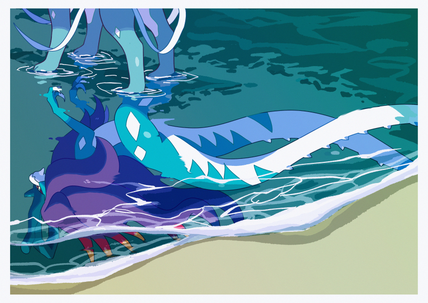 absurdres animal_focus border commentary_request different_reflection gen_2_pokemon highres legendary_pokemon nintendo pokemon reflection ripples saiku_(zvlku) sand shore standing suicune walking walking_on_liquid walking_wake water white_border
