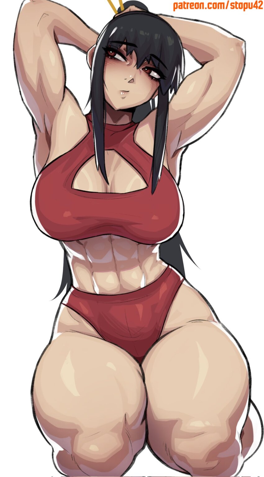 1girl abs alternate_costume armpits arms_up black_hair breasts buruma cleavage cleavage_cutout closed_mouth clothing_cutout commentary corrupted_twitter_file english_commentary eyelashes feet_out_of_frame hair_ornament hair_stick highres kneeling large_breasts lips long_hair looking_to_the_side muscular muscular_female patreon_username ponytail red_buruma red_eyes red_sports_bra sidelocks simple_background solo sports_bra spy_x_family stopu watermark web_address white_background yor_briar