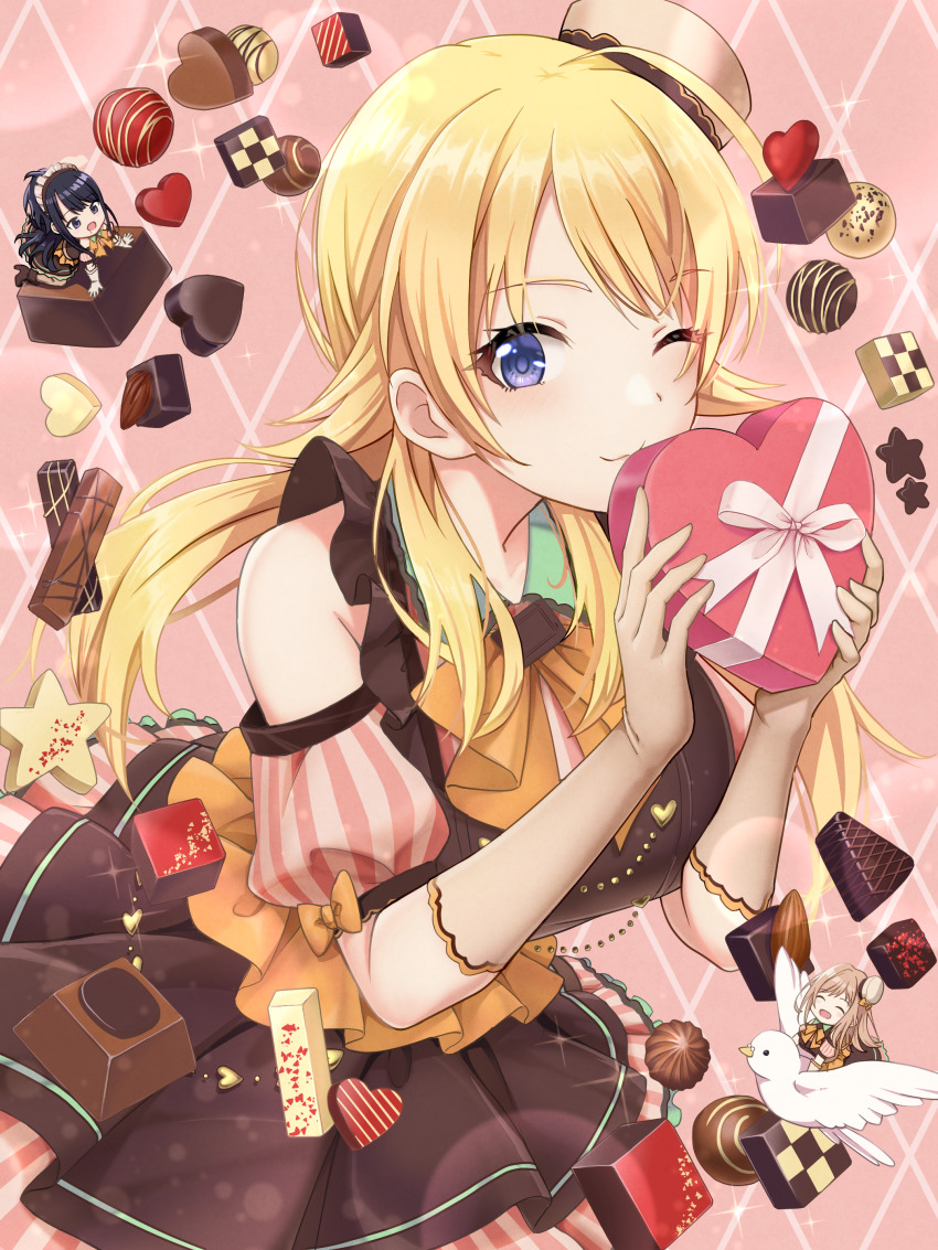 2girls absurdres blonde_hair blue_eyes chocolate hachimiya_meguru highres idolmaster idolmaster_shiny_colors kazano_hiori long_hair macha0331 multiple_girls tagme