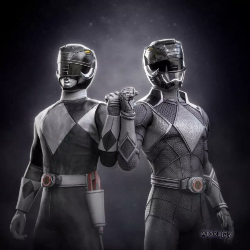 1boy armor belt black_bodysuit bodysuit dino_buckler gloves helmet mammoth mammoth_ranger mask mighty_morphin_black_ranger mighty_morphin_power_rangers mighty_morphin_power_rangers:_once_&amp;_always multiple_boys power_rangers time_paradox tokujay tokusatsu zachary_taylor