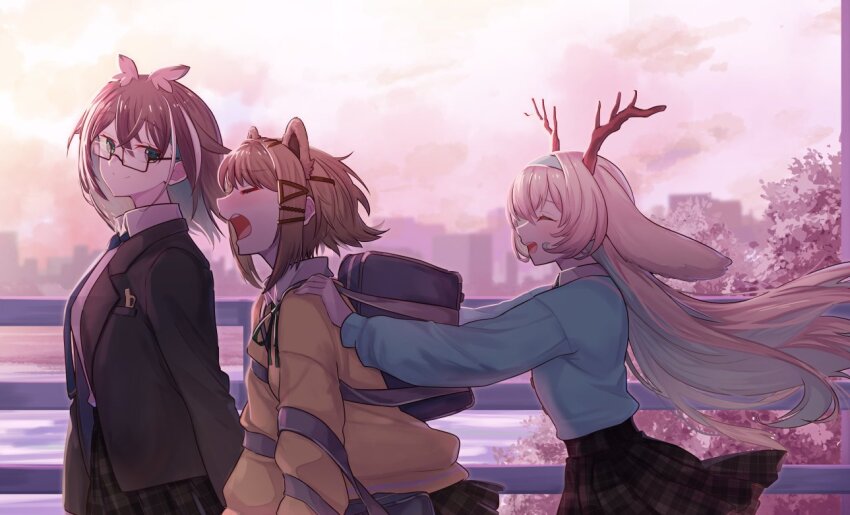 3girls alternate_costume animal_ears antlers backpack bag black-framed_eyewear black_bag black_hair black_jacket black_ribbon black_skirt blazer blonde_hair blue_eyes blue_hairband blue_necktie blue_shirt blush brown_hair city closed_eyes closed_mouth commentary_request cowboy_shot day deer_ears deer_girl formal_clothes glasses hair_ornament hairband hairclip hands_on_another&#039;s_shoulders horns jacket konan_mia long_hair looking_at_viewer meerkat_ears multiple_girls nanashi_inc. neck_ribbon necktie open_mouth oura_rukako outdoors plaid_clothes plaid_skirt railing rectangular_eyewear ribbon rune_(ru-nn) semi-rimless_eyewear shirt short_hair sidelocks skirt smile suit tree tsukinoki_tirol under-rim_eyewear very_long_hair virtual_youtuber walking white_hair yellow_jacket