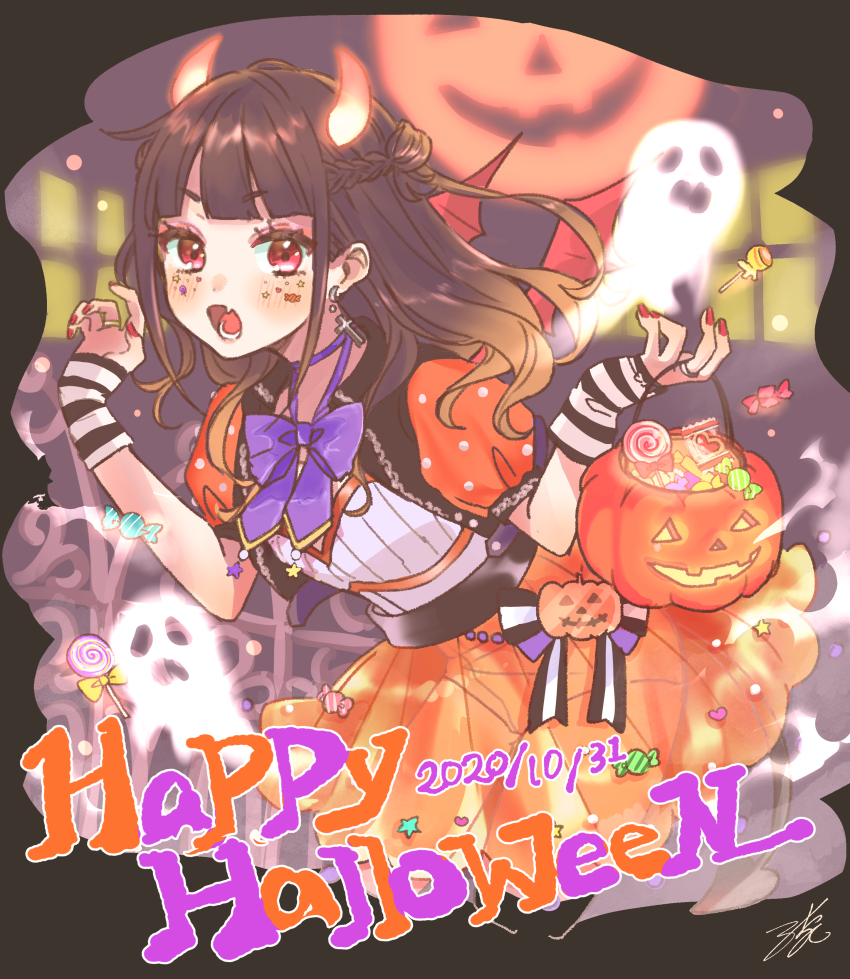 1girl absurdres bat_wings black_hair blush bow bowtie candy dated dress earrings fang fingerless_gloves food ghost gloves halloween happy_halloween highres holding horns jack-o&#039;-lantern jewelry looking_at_viewer odo_ruika open_mouth orange_dress original purple_bow purple_bowtie red_eyes red_nails red_wings ring signature solo teeth wings