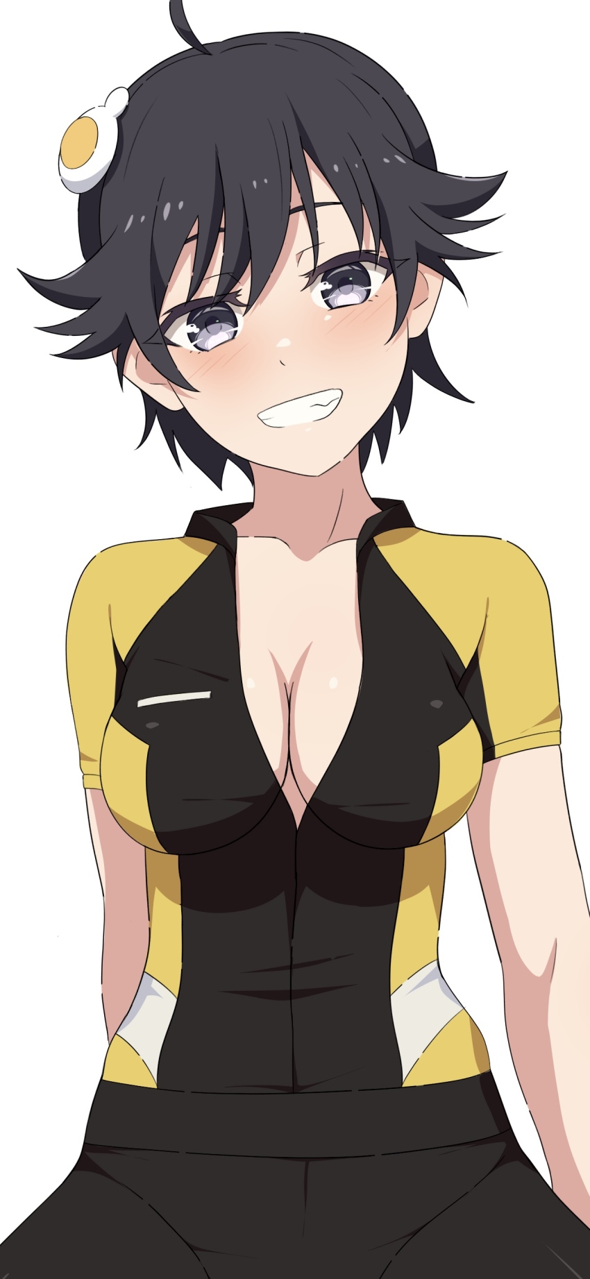 1girl absurdres araragi_karen bike_jersey black_eyes black_hair breasts cleavage egg_hair_ornament food-themed_hair_ornament hair_ornament highres large_breasts monogatari_(series) na-suke nisemonogatari partially_unzipped simple_background smile solo teeth white_background