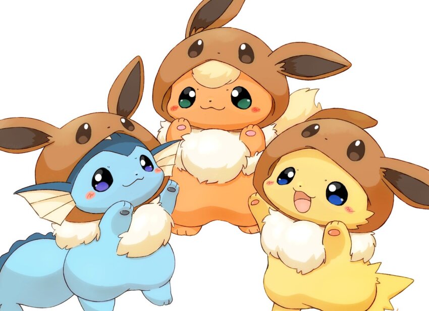 :3 :d blue_eyes blush_stickers closed_mouth commentary_request cosplay eevee eevee_(cosplay) flareon gen_1_pokemon green_eyes hands_up highres jolteon mimix nintendo no_humans open_mouth pokemon pokemon_(creature) pokemon_focus purple_eyes simple_background smile standing vaporeon white_background