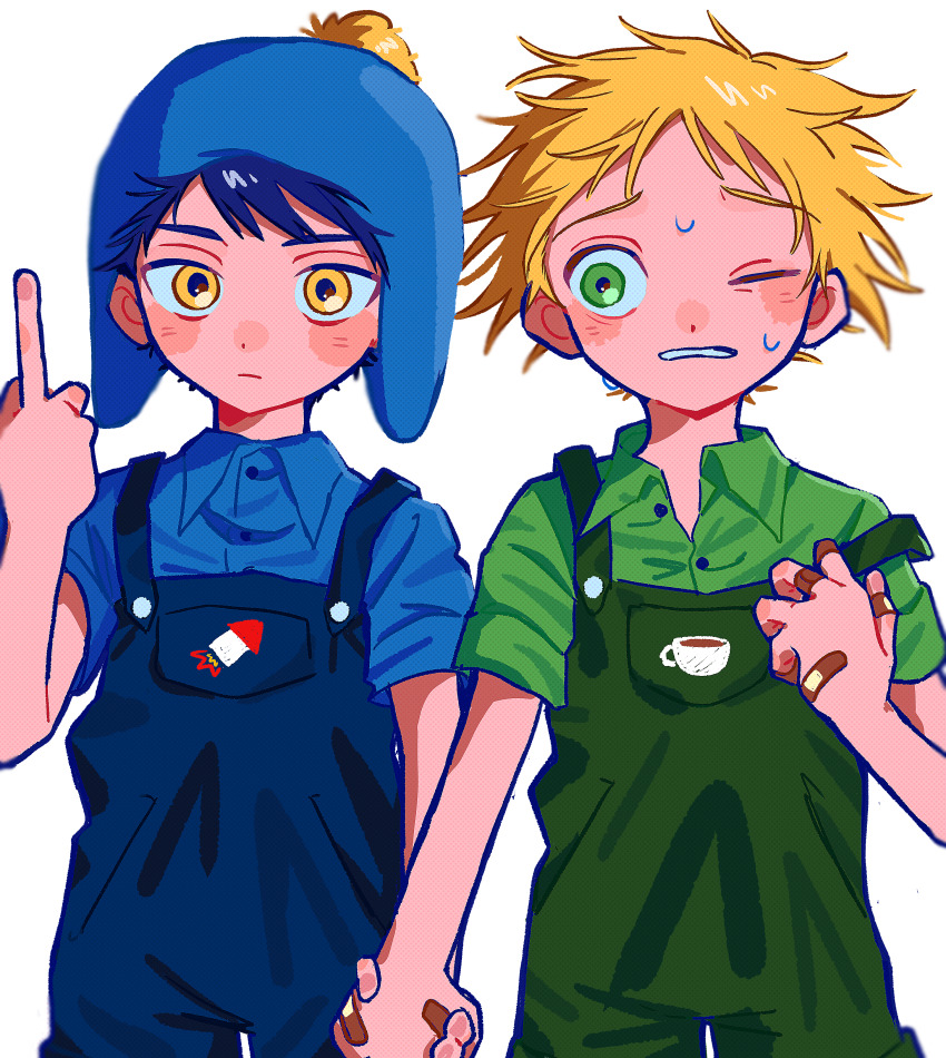 2boys absurdres bandaid blonde_hair blue_hair blue_overalls blue_shirt craig_tucker green_eyes green_overalls green_shirt highres holding_hands looking_at_viewer messy_hair middle_finger multiple_boys neko_manma overalls shirt short_hair simple_background south_park sweat tweek_tweak white_background yaoi yellow_eyes