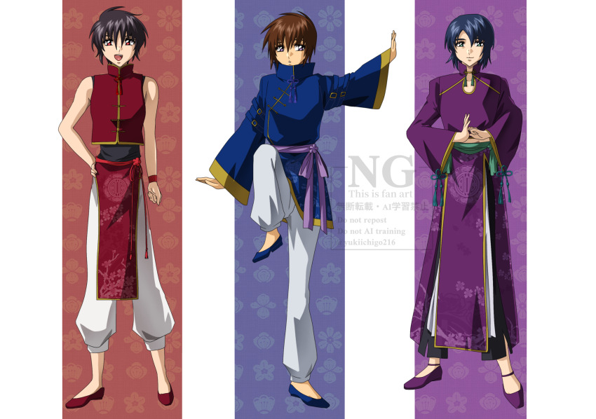 3boys alternate_costume artist_name athrun_zala black_hair blue_hair blue_shoes brown_hair full_body green_eyes gundam gundam_seed gundam_seed_destiny highres kira_yamato looking_at_viewer multiple_boys obi pants purple_eyes red_eyes red_shoes sash shinn_asuka shoes short_hair sleeveless smile standing standing_on_one_leg twitter_username watermark white_pants wide_sleeves wristband yukiichigo216