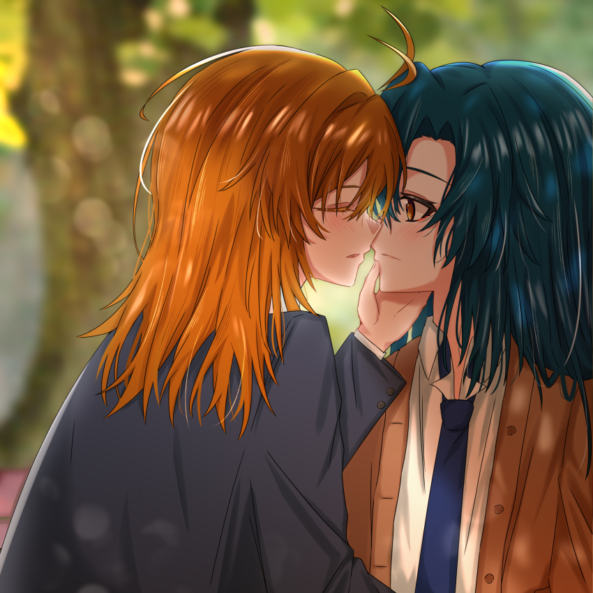 2girls ausa_lshadow black_jacket blue_hair blue_necktie blurry blurry_background brown_cardigan brown_eyes cardigan closed_eyes closed_mouth collared_shirt commentary day hand_on_another&#039;s_face highres imminent_kiss jacket long_hair multiple_girls necktie orange_hair original outdoors parted_lips shirt tree white_shirt yuri