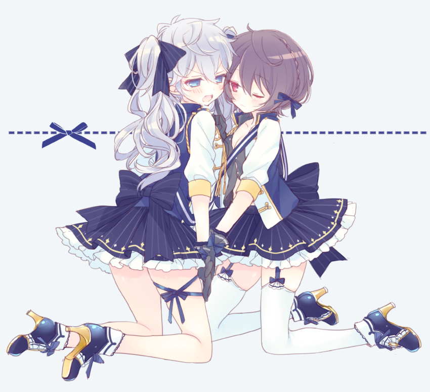 2girls :3 ahoge back_bow black_gloves black_hair blue_bow blue_eyes blue_jacket blue_shoes blue_skirt blush bow braid breasts cleavage commentary_request ensemble_stars! frilled_skirt frills garter_straps genderswap genderswap_(mtf) gloves grey_hair grey_shirt hair_between_eyes hair_bow half_crown_braid hand_on_another&#039;s_cheek hand_on_another&#039;s_face high_heels highres holding_hands jacket kneeling leg_ribbon long_hair mamama_ri multiple_girls one_eye_closed partially_open_shirt red_eyes ribbon sakuma_ritsu sena_izumi_(ensemble_stars!) shirt shoes short_hair simple_background skirt sleeve_cuffs small_breasts striped_clothes striped_skirt thigh_ribbon thighhighs thighs twintails vertical-striped_clothes vertical-striped_skirt wavy_hair white_background white_sleeves white_thighhighs yuri