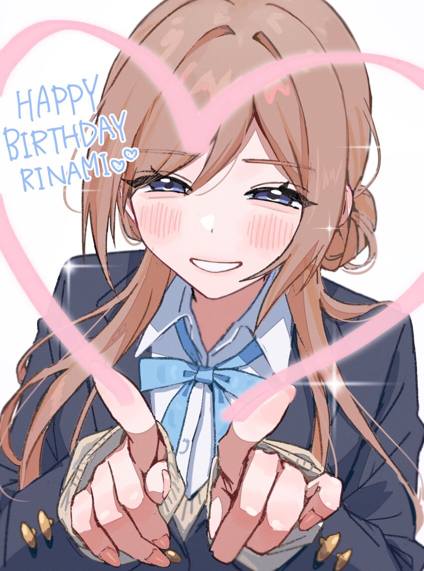 1girl blazer blue_eyes blue_jacket blue_ribbon blush brown_hair brown_sweater character_name collared_shirt commentary drawing_on_fourth_wall drawn_heart english_commentary finger_painting fingernails gakuen_idolmaster hair_between_eyes hair_bun half-closed_eyes hamafugu happy_birthday hatsuboshi_gakuen_school_uniform highres himesaki_rinami idolmaster jacket layered_sleeves long_fingernails long_hair looking_at_viewer mixed-language_commentary neck_ribbon parted_bangs ribbon school_uniform shirt sidelocks simple_background single_side_bun smile solo sparkle sweater upper_body white_background white_shirt