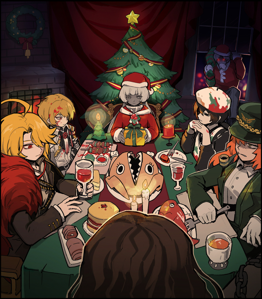3girls 4boys black_hair blonde_hair blood blood_in_hair bongy_(project_moon) brown_hair charon_(project_moon) christmas christmas_tree colored_skin cup dinner don_quixote_(project_moon) fireplace flaw_eight food fork freckles gift grey_skin heathcliff_(project_moon) highres ishmael_(project_moon) limbus_company multiple_boys multiple_girls n_corp._fanatic_(identity)_(project_moon) orange_hair paint_stains pequod_(identity)_(project_moon) plate project_moon red_eyes ring_(identity)_(project_moon) sancho_(project_moon) santa_costume sinclair_(project_moon) sitting skewer slice_of_life smoking_pipe table vergilius_(project_moon) white_hair wuthering_heights_(identity)_(project_moon) yi_sang_(project_moon)
