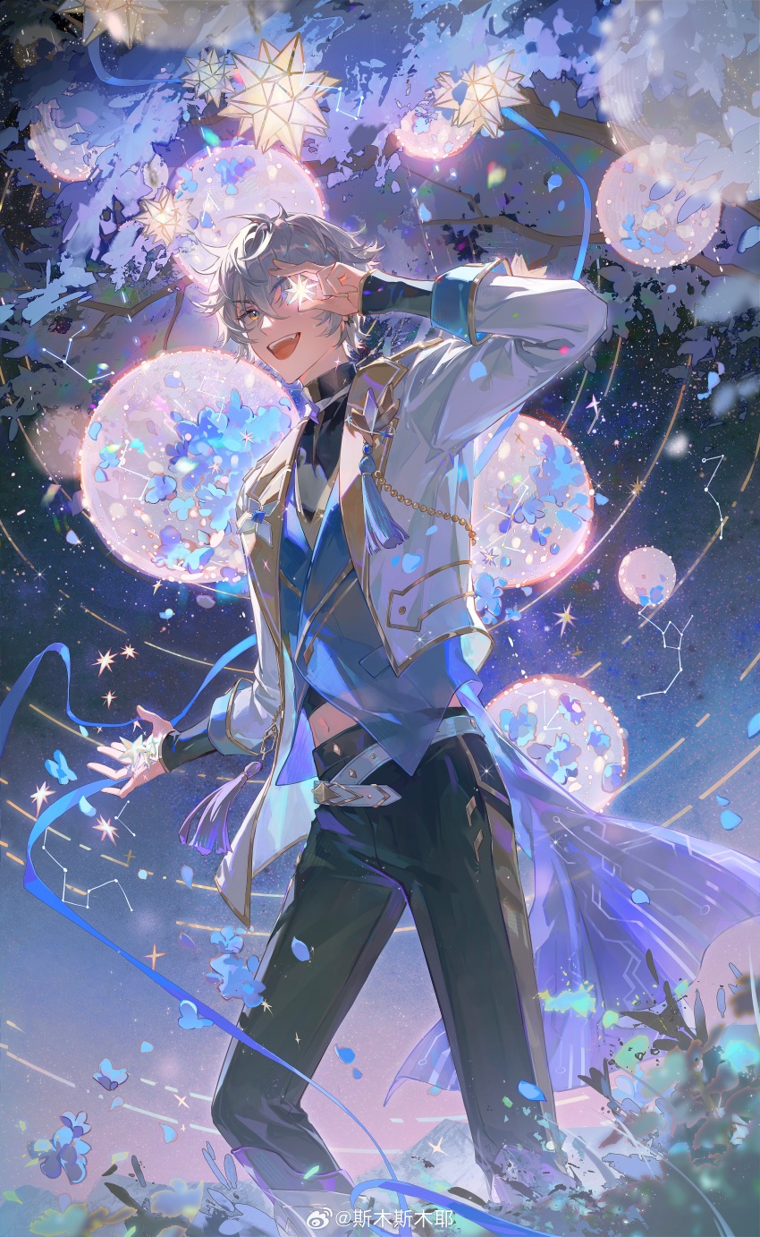 1boy absurdres belt belt_collar black_belt black_pants black_shirt blue_sleeve_cuffs blue_vest braid bush character_request check_character collar collared_jacket collared_vest constellation dress_pants ensemble_stars! fangs feet_out_of_frame formal_clothes grass grey_hair happy highres holding holding_star jacket lapel_pin lapels layered_sleeves long_sleeves looking_at_viewer male_focus midriff mountain navel night night_sky notched_lapels ogami_koga one_eye_covered open_clothes open_jacket open_mouth outdoors pants shirt short_hair sky sleeves_past_wrists smile smusmuye solo star_(sky) star_(symbol) starry_sky tassel teeth tree upper_teeth_only vest white_belt white_jacket yellow_eyes