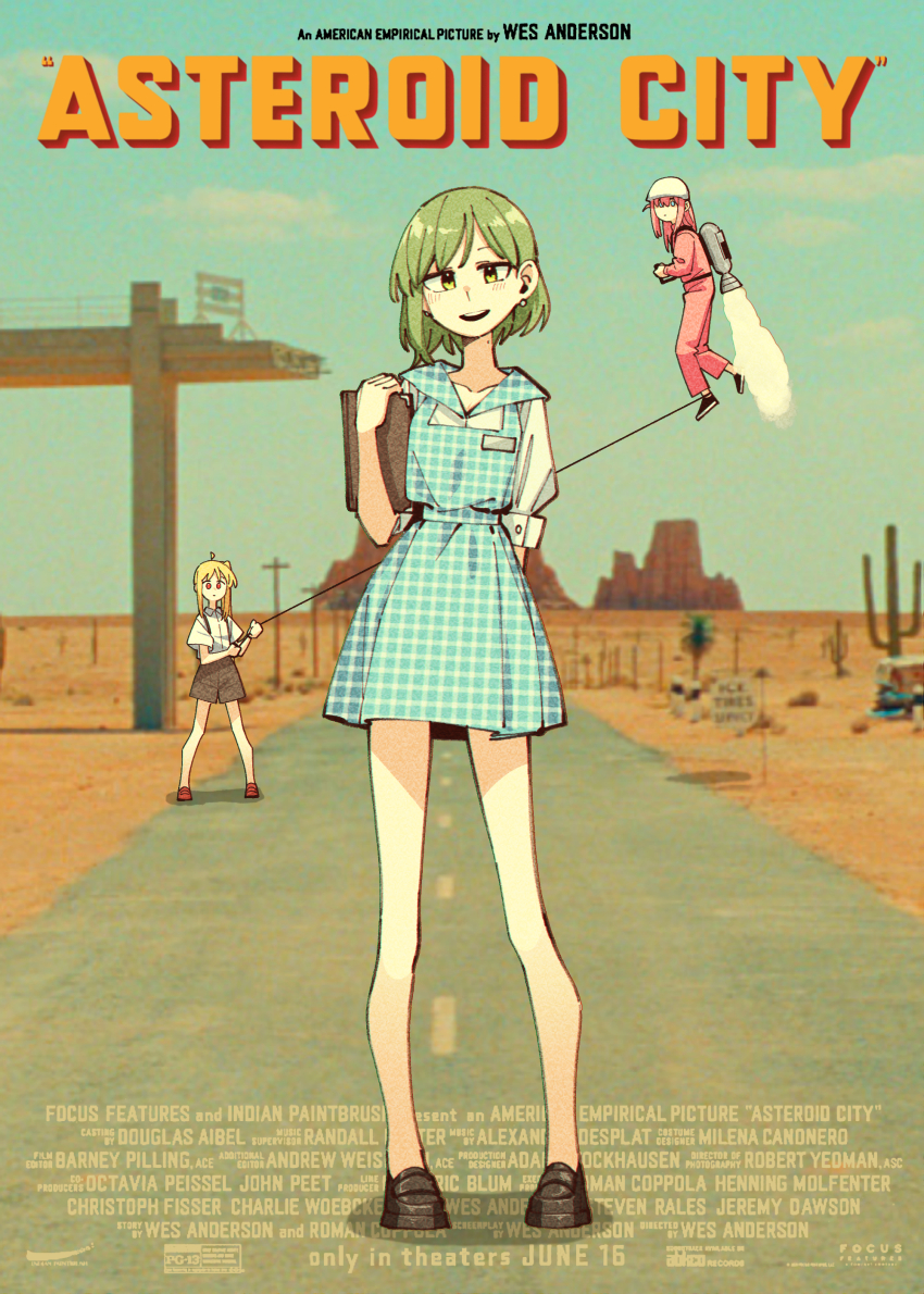 3girls absurdres ahoge apron arm_behind_back asteroid_city_(movie) blonde_hair blue_apron blue_eyes blue_sky blurry blurry_background blush bocchi_the_rock! brown_shorts cactus closed_mouth collarbone collared_shirt commentary copyright_name cover day desert earrings english_commentary english_text fake_cover flying gotoh_hitori green_hair head_tilt helmet highres holding holding_menu holding_rope ijichi_nijika jetpack jewelry long_hair long_sleeves looking_at_viewer looking_to_the_side menu mole mole_on_neck mountain movie_poster multiple_girls nameplate neonfloyd one_side_up open_mouth outdoors parody pearl_earrings photo_background pink_hair pink_track_suit plaid_apron plaid_clothes puffy_short_sleeves puffy_sleeves red_eyes road rope sasaki_tsuguko shirt short_hair short_sleeves shorts side_ponytail sidelocks sky sleeve_cuffs smile standing straight-on suspender_shorts suspenders track_suit waitress white_shirt yellow_eyes
