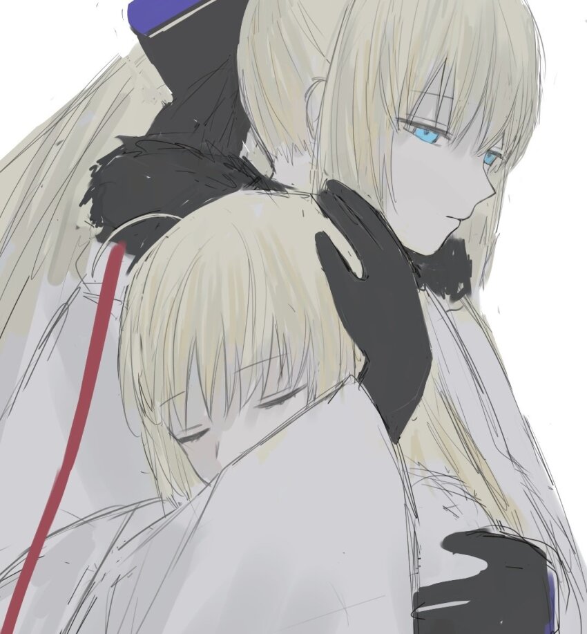 2girls aesc_(fate) aesc_(savior)_(fate) artoria_caster_(fate) artoria_caster_(third_ascension)_(fate) artoria_pendragon_(fate) black_bow black_gloves blonde_hair blue_eyes bow closed_eyes fate/grand_order fate_(series) fur_trim gloves hair_between_eyes hair_bow long_hair multiple_girls ponytail rurubusandayo simple_background white_background