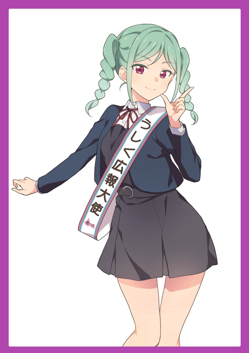 1girl absurdres aqua_hair blue_jacket blush border braid braided_twintails closed_mouth collared_shirt dress dress_shirt feet_out_of_frame finger_gun grey_dress hand_up highres index_finger_raised jacket lone_nape_hair long_hair long_sleeves looking_at_viewer looking_to_the_side love_live! love_live!_superstar!! medium_hair neck_ribbon official_art onitsuka_tomari open_clothes open_jacket pinafore_dress pink_eyes purple_border red_ribbon ribbon sash school_uniform shirt short_dress shoulder_sash sidelocks simple_background sleeveless sleeveless_dress smile solo twin_braids twintails white_background white_shirt winter_uniform yuigaoka_school_uniform