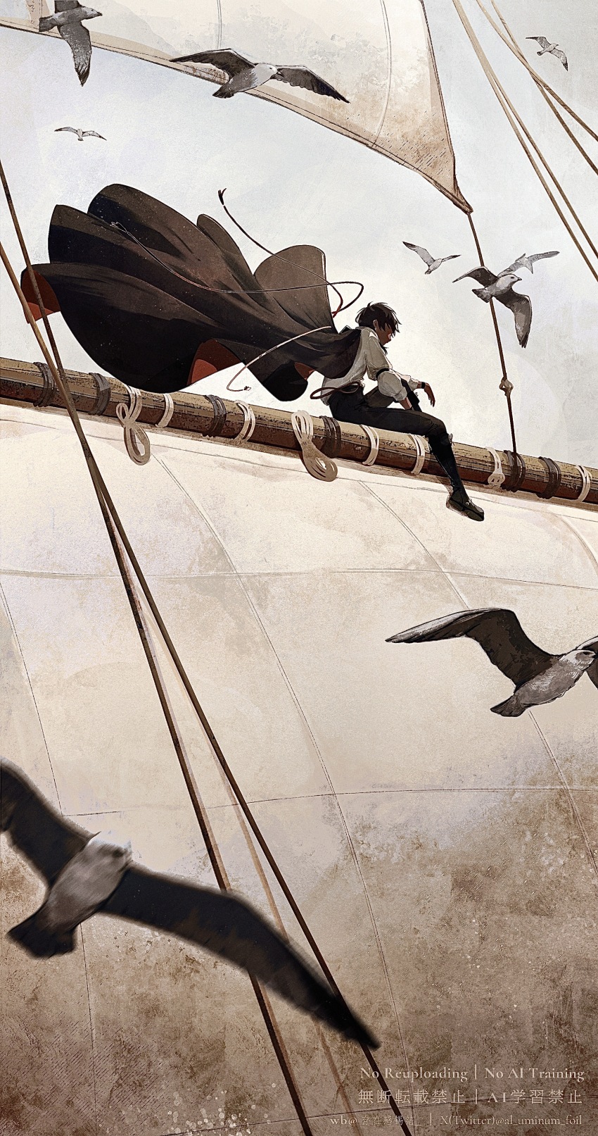 1boy absurdres arknights bird black_cape black_pants black_shoes cape dark-skinned_male dark_skin ek276 highres official_alternate_costume pants sail scenery seagull shirt shoes sitting sky solo thorns_(arknights) thorns_(blade-cleaved_tides)_(arknights) twitter_username weibo_username white_shirt