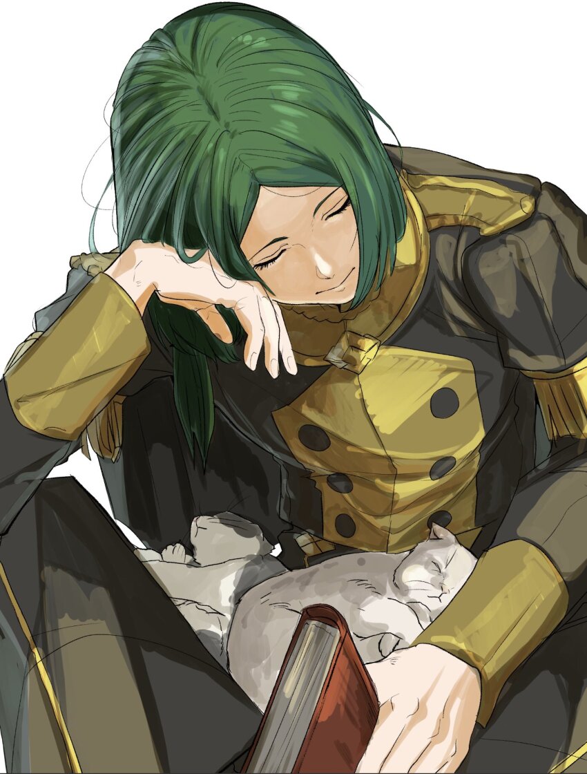 1boy animal book buttons cat closed_eyes closed_mouth commentary_request fire_emblem fire_emblem:_three_houses garreg_mach_monastery_uniform green_hair head_rest highres holding holding_book linhardt_von_hevring long_hair long_sleeves male_focus nintendo simple_background sitting sleeping smile sutekina_yari white_background white_cat