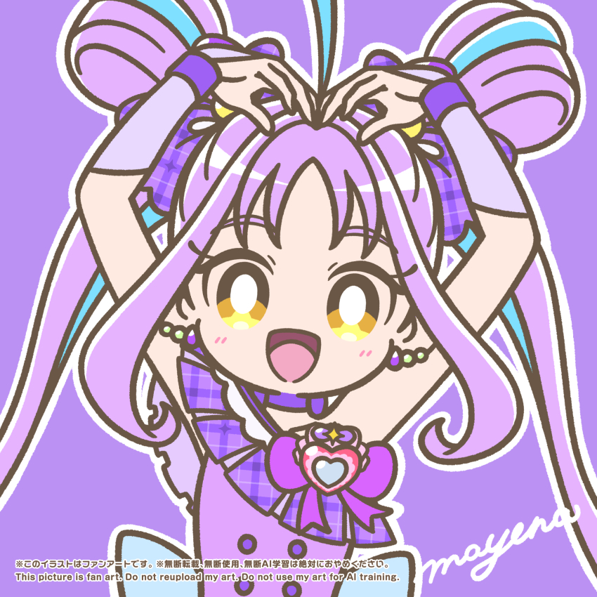 1girl :d ahoge arms_up artist_name back_bow blue_bow blue_hair blue_streaks bow bow_choker bright_pupils brooch buttons chest_bow choker collarbone commentary cure_kyunkyun double-breasted double_bun dress dress_bow earrings hair_bow hair_bun hair_intakes heart heart_arms heart_brooch highres idol idol_heart_brooch_(precure) jewelry kimi_to_idol_precure long_hair looking_at_viewer magical_girl mayena multicolored_hair no_nose off-shoulder_dress off_shoulder open_mouth outline precure purple_background purple_bow purple_choker purple_dress purple_hair purple_theme purple_thighhighs purple_wrist_cuffs shigure_kokoro signature single_bare_shoulder sleeveless sleeveless_dress smile solo split_mouth streaked_hair teardrop_earrings thighhighs twintails two-tone_hair upper_body very_long_hair white_outline white_pupils wrist_cuffs yellow_eyes
