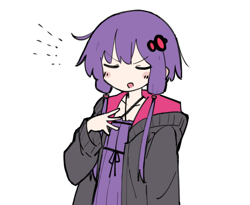 1girl blush_stickers closed_eyes doyagao fusazakura hood hoodie purple_hair short_hair_with_long_locks smug solo voiceroid white_background yuzuki_yukari