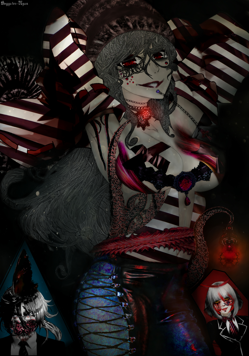 1boy 2girls absurdres album_cover alternate_color alternate_costume ammonite angry arms_behind_head artist_name black_hair blood breasts chain check_commentary commentary_request corruption cover creepy cross dark evil_smile fins formal_clothes funamusea glasses grey_eyes grey_hair highres horror_(theme) huge_breasts huge_filesize in_water jaw jewelry lamp light lip_piercing long_hair looking_at_viewer looking_away md5_mismatch multiple_girls necklace necktie old_(funamusea) oounabara_to_wadanohara open_mouth pants piercing red_eyes sheep_(funamusea) shell short_hair smile soggates-nyan_(amurka-chan) suit tatsumiya_(funamusea) teeth tentacles worm yellow_eyes