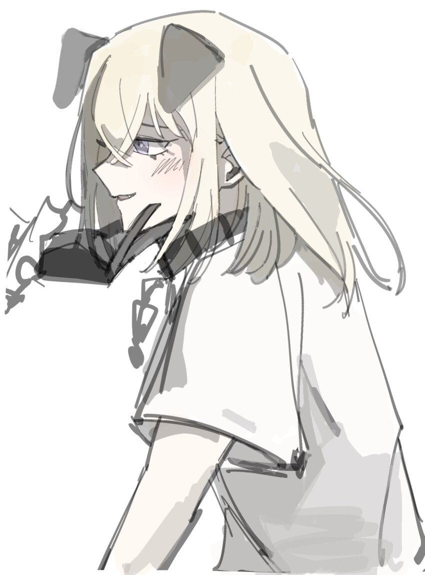 2b_(nier:automata) 2girls animal_ears bang_dream! bang_dream!_it&#039;s_mygo!!!!! black_gloves blonde_hair blush collar commentary dog_ears fang gloves hand_on_another&#039;s_chin highres kemonomimi_mode kira_reader medium_hair misumi_uika multiple_girls parted_lips purple_eyes shirt short_sleeves simple_background togawa_sakiko white_background white_shirt yuri