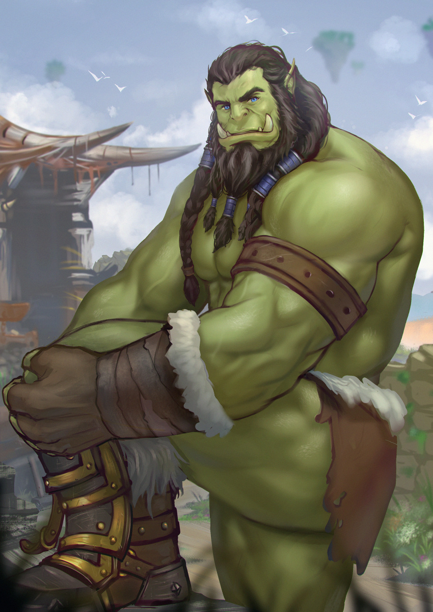 110_(ylnzei) 1boy absurdres beard black_hair colored_skin facial_hair from_side green_skin highres large_feet large_hands large_pectorals loincloth long_beard looking_at_viewer looking_to_the_side male_focus mature_male monster_boy muscular muscular_arms muscular_legs muscular_male orc pectorals pointy_ears solo thick_eyebrows thighs thrall tied_beard tusks veins veiny_arms warcraft world_of_warcraft