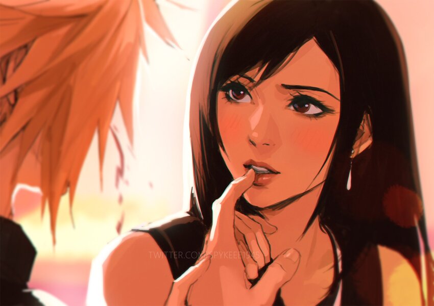1boy 1girl bare_shoulders black_gloves black_hair blonde_hair blood blurry blurry_background blush close-up cloud_strife commentary couple earrings eyelashes final_fantasy final_fantasy_vii final_fantasy_vii_rebirth final_fantasy_vii_remake finger_to_another&#039;s_mouth fingerless_gloves gloves highres holding_hands jewelry lips long_hair looking_at_another nosebleed parted_lips pink_lips red_eyes single_earring spiked_hair spykeee suspenders sweater swept_bangs symbol-only_commentary tank_top teardrop_earrings tifa_lockhart turtleneck turtleneck_sweater upper_body white_tank_top