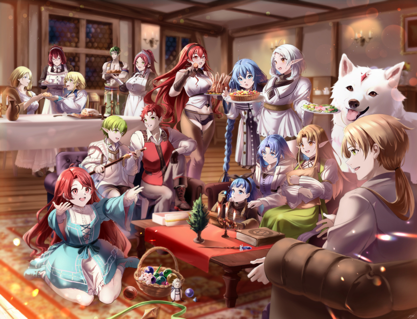 4boys 6+girls abs absurdres aisha_greyrat apron ars_greyrat aunt_and_nephew aunt_and_niece basket blonde_hair blue_dress blue_eyes blue_gemstone blue_hair book braid braided_ponytail brother_and_sister brothers brown_eyes brown_gloves brown_hair candle candlestand chaps character_request christina_greyrat closed_mouth crossed_arms crossed_bangs dog dress eating eris_greyrat family father_and_daughter father_and_son food gem gloves grandmother_and_granddaughter grandmother_and_grandson green_eyes green_hair green_pants grey_robe hair_between_eyes hair_intakes highres holding holding_gem holding_sword holding_tray holding_weapon husband_and_wife indoors knee_up lara_greyrat leo_(mushoku_tensei) lillia_greyrat lily_greyrat long_hair long_sleeves looking_at_another lucy_greyrat maid_apron maid_headdress matching_hair/eyes medium_hair mother_and_daughter mother_and_son multiple_boys multiple_girls muscular muscular_male mushoku_tensei norn_greyrat on_chair open_mouth orsted_(mushoku_tensei) pants pie pointy_ears ponytail reaching reaching_towards_another red_eyes red_hair ribs_(food) robe roxy_migurdia rudeus_greyrat ruijerd_superdia salad shirt short_hair siblings sidelocks sieghart_saladin_greyrat sisters smile standing sword sylphiette_(mushoku_tensei) table tablecloth therese_latreia tray very_long_hair wand weapon white_dress white_robe white_shirt yujin_(kanouyuuto-0423) zenith_greyrat