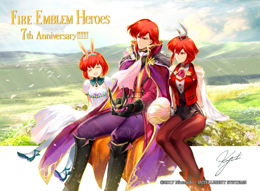1boy 2girls anniversary black_gloves brother_and_sister cape capelet closed_eyes dress egg family fire_emblem fire_emblem:_mystery_of_the_emblem fire_emblem:_new_mystery_of_the_emblem fire_emblem_heroes gloves hat leotard maria_(fire_emblem) maria_(spring)_(fire_emblem) michalis_(fire_emblem) michalis_(spring)_(fire_emblem) minerva_(fire_emblem) minerva_(spring)_(fire_emblem) mini_hat multiple_girls nintendo official_alternate_costume official_art pantyhose playboy_bunny purple_cape red_eyes red_hair red_pantyhose short_hair siblings sisters sitting smile white_capelet white_dress yamada_koutarou