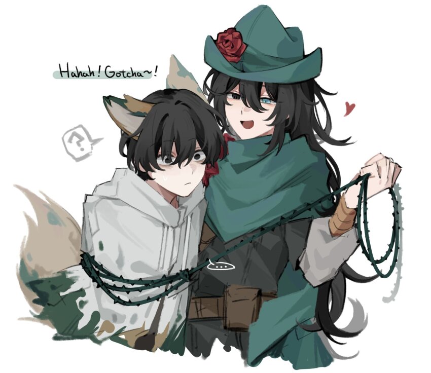 ... 2boys :d animal_ears bags_under_eyes belt black_eyes bound double-parted_bangs drop_shadow e.g.o_(project_moon) english_text flower fox_ears fox_tail green_eyes green_hat green_scarf hair_between_eyes hat heart heterochromia highres holding_lasso hong_lu_(project_moon) hood hoodie lasso lasso_(e.g.o) limbus_company looking_at_viewer multiple_boys open_mouth project_moon red_flower red_rose rose scarf smile spoken_expression sunshower_(e.g.o) surprised tail thorns tied_up_(nonsexual) white_hoodie wide-eyed wuzinan19 yi_sang_(project_moon)