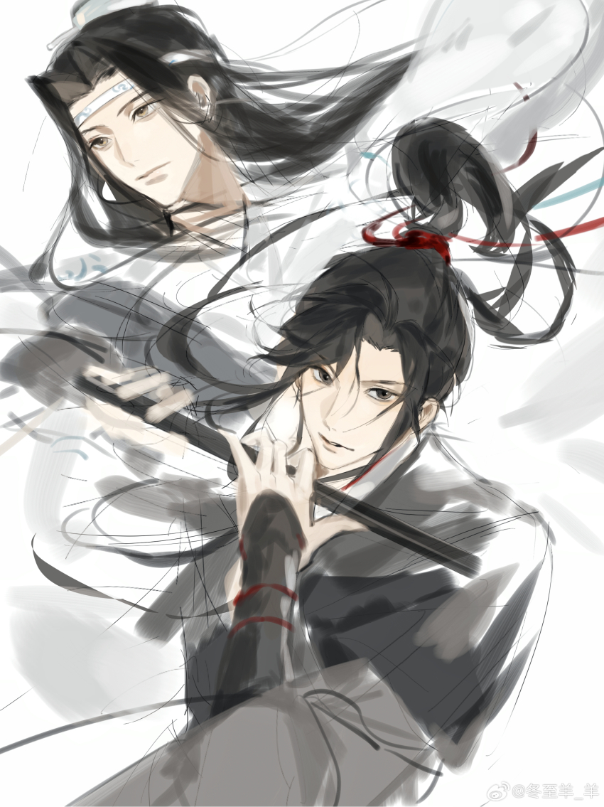 2boys absurdres bishounen black_eyes black_hair black_hanfu chinese_clothes chinese_commentary closed_mouth dizi floating_hair flute hair_ribbon hanfu headband highres holding holding_flute holding_instrument instrument lan_wangji long_hair long_sleeves looking_at_viewer male_focus modao_zushi multiple_boys music parted_lips playing_flute playing_instrument ponytail red_ribbon ribbon robe shenzhang10011 simple_background sketch sleeves_past_wrists smile transverse_flute upper_body watermark wei_wuxian weibo_watermark white_background white_hanfu white_headband wide_sleeves xiao_guan_(headdress) yellow_eyes