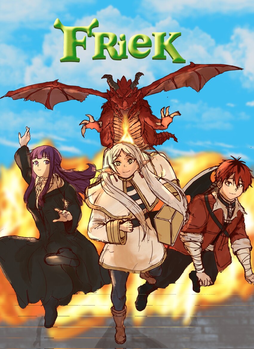 1boy 2girls absurdres arm_up artist_artorias bandaged_arm bandages black_dress black_panties black_tunic blue_sky brown_footwear capelet commentary corrupted_twitter_file dragon dress english_commentary fern_(sousou_no_frieren) fire frieren gold_trim green_eyes highres holding holding_suitcase jacket long_hair long_sleeves looking_at_viewer meme multiple_girls open_clothes open_jacket panties pantyhose parted_bangs purple_eyes purple_hair red_hair red_jacket running shirt short_hair shrek_(series) shrek_1 sky sleeve_cuffs sleeves_rolled_up smile sousou_no_frieren stark_(sousou_no_frieren) striped_clothes striped_shirt suitcase tunic twintails underwear white_capelet
