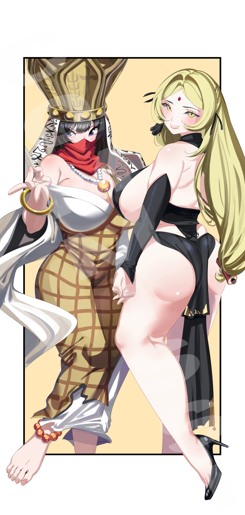 2girls absurdres ass breasts cosplay costume_switch digimon digimon_(creature) hat highres mask monk multiple_girls sanzomon