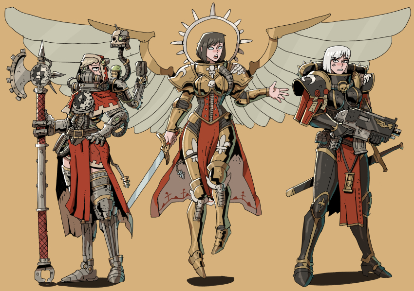 3girls adepta_sororitas armor axe black_eyes blonde_hair bob_cut bolter brown_hair disembodied_hand facial_tattoo full_body full_moon gas_mask gauntlets gun highres ho-uja holding holding_axe holding_gun holding_sword holding_weapon looking_at_viewer mask mechanical_arms moon multiple_girls open_mouth pauldrons scabbard shadow sheath short_hair shoulder_armor simple_background single_mechanical_arm skull standing sword tattoo techpriest warhammer_40k weapon white_hair wings yellow_background