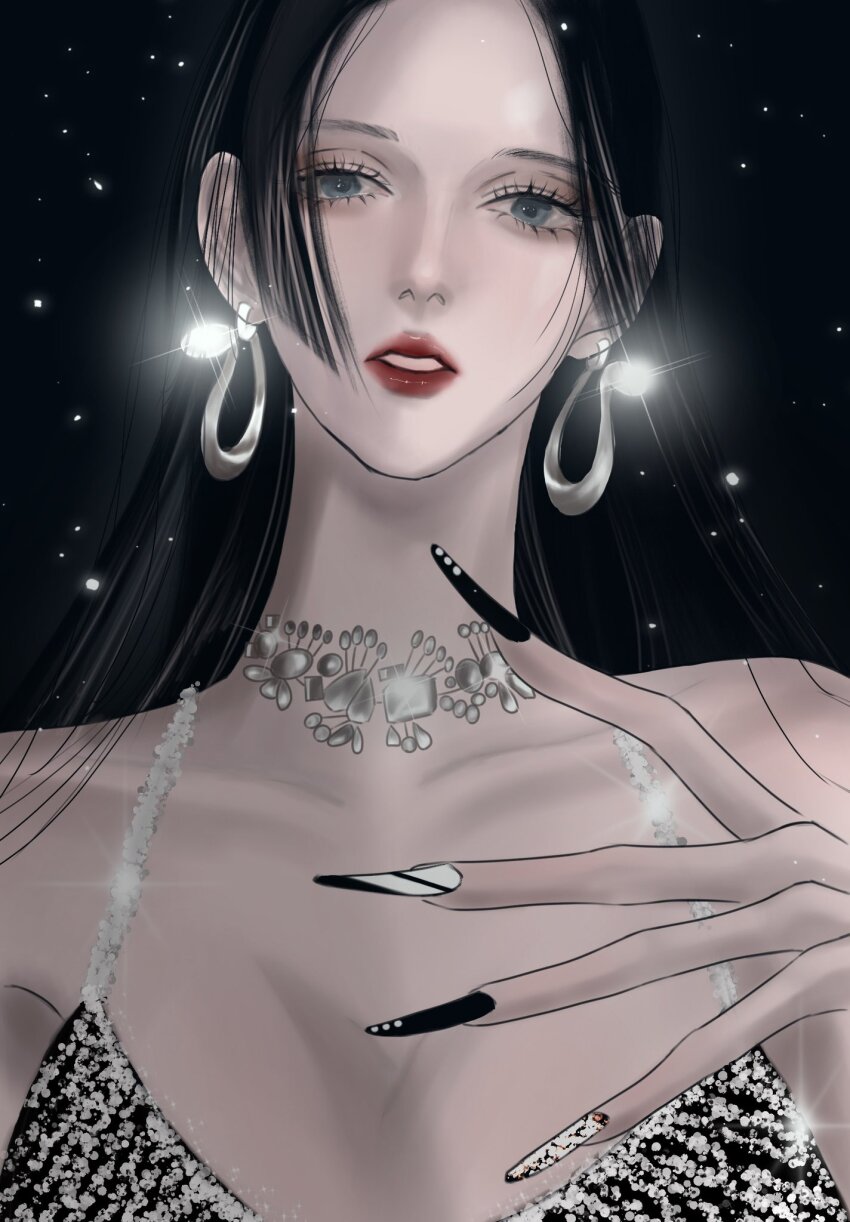 1girl black_hair blue_eyes boa_hancock breasts choker cleavage close-up commentary dress earrings eyeshadow fake_nails highres jewelry long_hair looking_at_viewer makeup mascara one_piece parted_lips red_lips rihirihi613 snake_earrings solo upper_body
