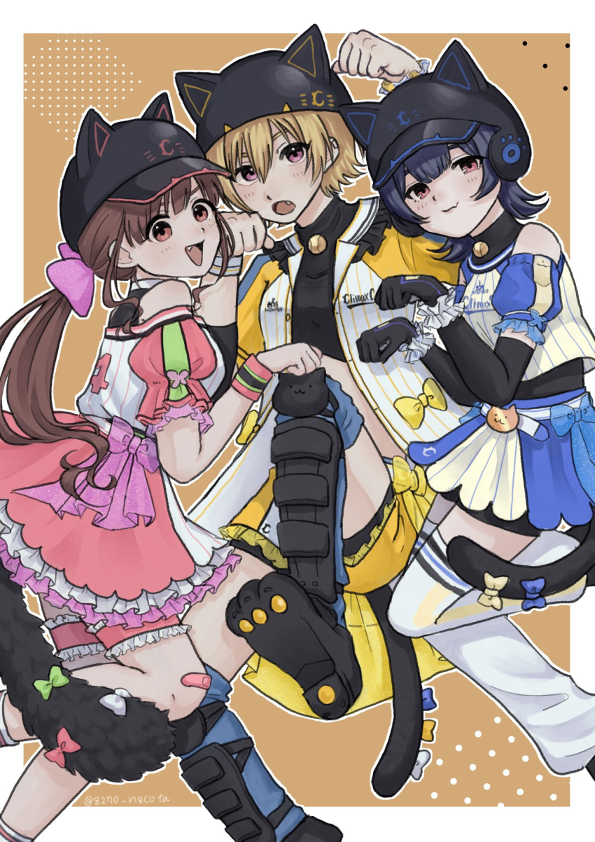3girls animal_ears_helmet animal_hat bandaid bandaid_on_knee bandaid_on_leg baseball_cap baseball_helmet baseball_jersey bell belt bike_shorts bike_shorts_under_shorts bike_shorts_under_skirt blonde_hair blue_hair bow brown_eyes brown_hair c.cats_uniform_(idolmaster) cat_hat cat_helmet cat_tail detached_sleeves double-parted_bangs elbow_gloves fang frilled_shirt_collar frilled_shorts frilled_skirt frilled_sleeves frilled_thigh_strap frills gloves hair_bow hat helmet highres idolmaster idolmaster_shiny_colors jacket jersey knee_up long_hair low_ponytail midriff morino_rinze multiple_girls neck_bell necota_(8270_necota) off-shoulder_shirt off_shoulder official_alternate_costume official_alternate_hairstyle open_clothes open_jacket parted_bangs paw_pose paw_shoes ponytail puffy_detached_sleeves puffy_short_sleeves puffy_sleeves red_eyes saijo_juri shin_guards shirt short_hair short_sleeves shorts sidelocks skirt sonoda_chiyoko striped_sweatband tail tail_bow tail_ornament thigh_strap thighhighs wolf_cut wrist_cuffs