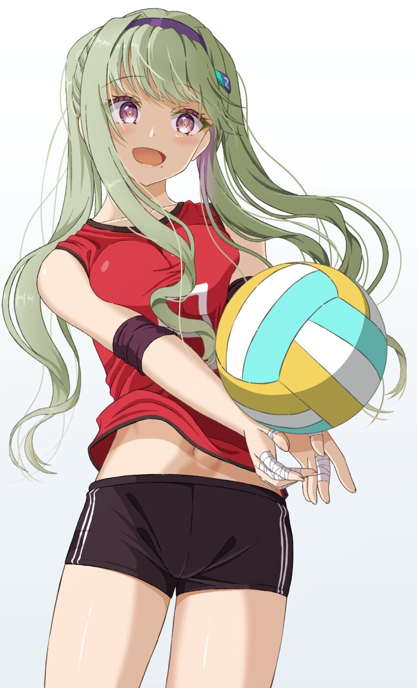 1girl ball bandaged_fingers bandages black_hairband black_shorts breast_press breasts cowboy_shot double_vertical_stripe green_hair hairband heaven_burns_red highres large_breasts long_hair long_sidelocks midriff_peek mochimugi_rice mole mole_under_mouth murohushi_risa navel playing_sports purple_eyes red_shirt shirt shorts sidelocks simple_background solo striped_clothes striped_shorts twintails vertical-striped_clothes vertical-striped_shorts volleyball volleyball_(object) white_background