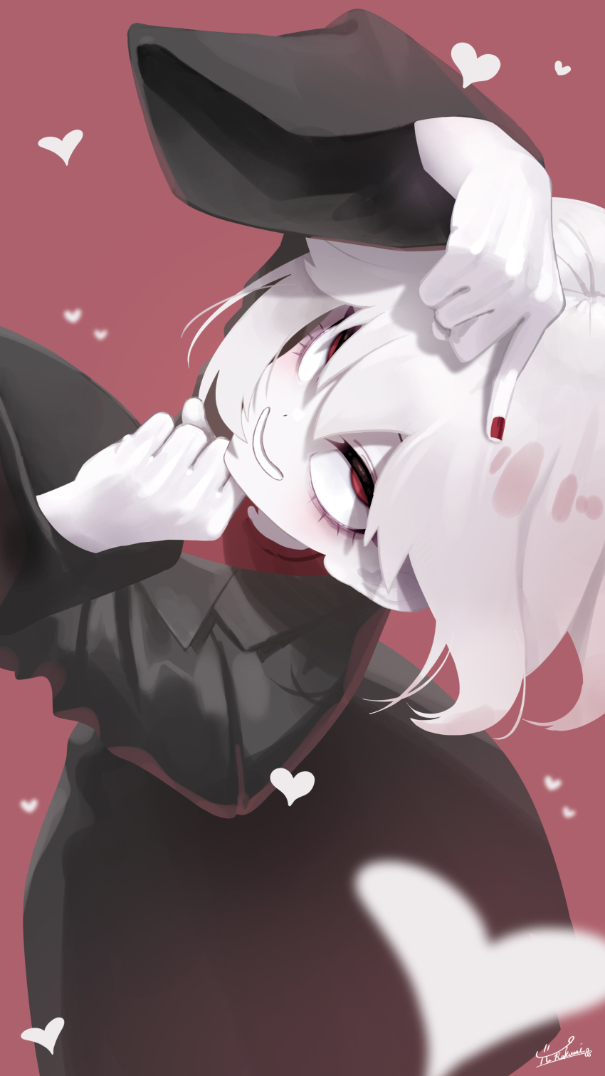1girl absurdres black_coat coat crazy_eyes eyeshadow finger_to_head heart heart-shaped_pupils heart_111_(yuri) highres long_coat long_sleeves looking_up makeup pale_skin parted_lips purple_eyeshadow red_background red_eyes red_nails red_shirt sanpaku shirt short_hair signature simple_background smile solo symbol-shaped_pupils teeth white_hair wide_sleeves yurakusai