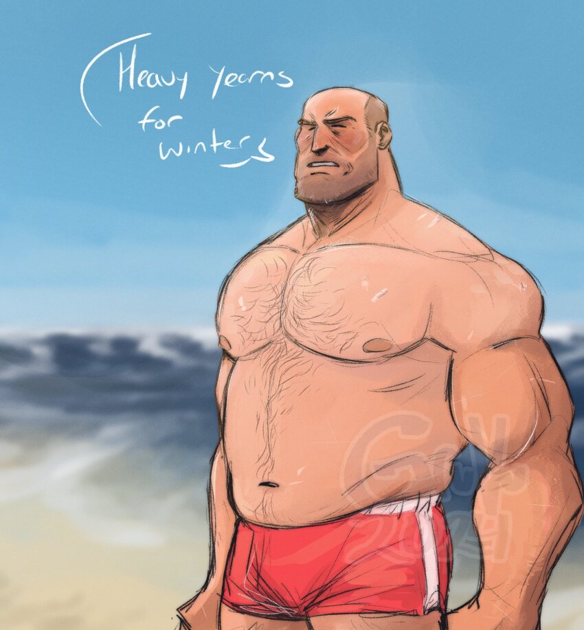 1boy bald bara beard_stubble belly cowboy_shot day english_text evergreen facial_hair hairy heavy_(tf2) highres large_pectorals male_focus male_swimwear mature_male muscular muscular_male navel navel_hair nipples pectorals red_male_swimwear solo sparse_chest_hair standing stomach stubble sun swim_briefs team_fortress_2 thick_eyebrows thick_neck topless_male
